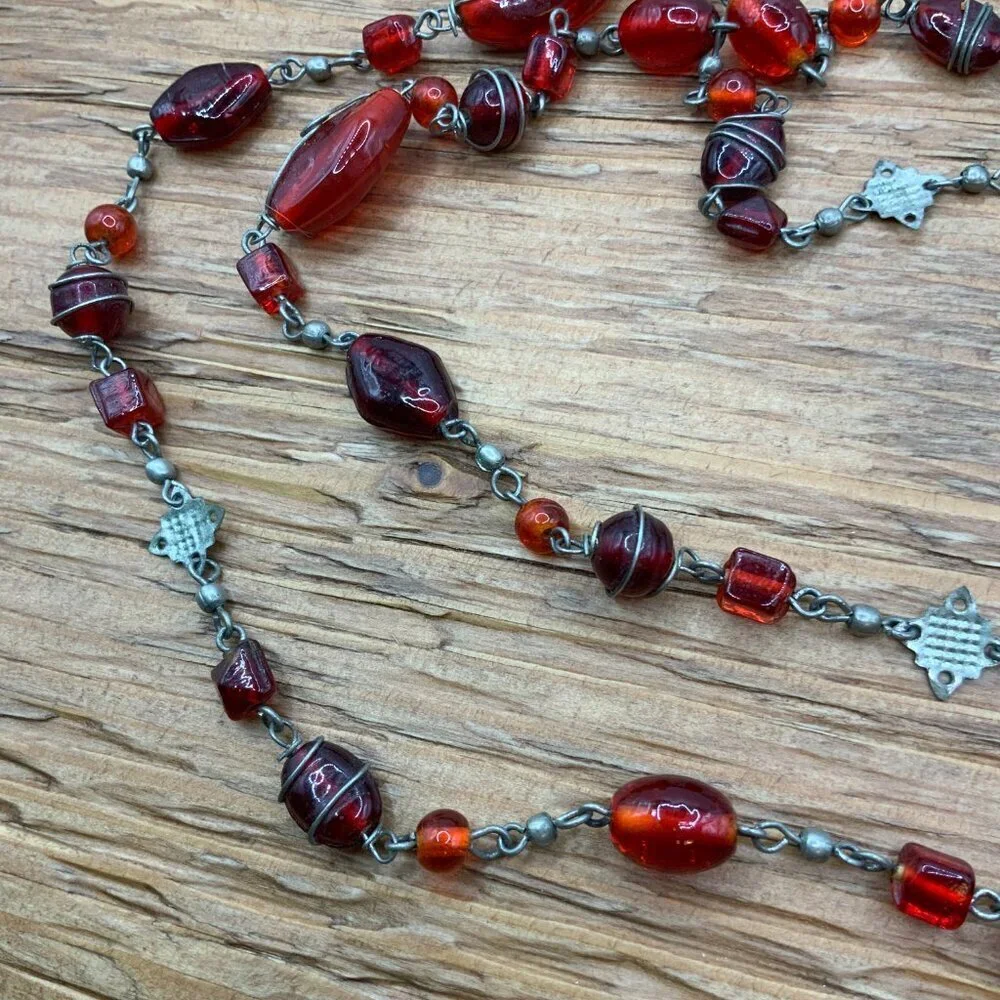 Handcrafted Vintage Style Boho Red Glass Beaded Metal Accent Long Necklace